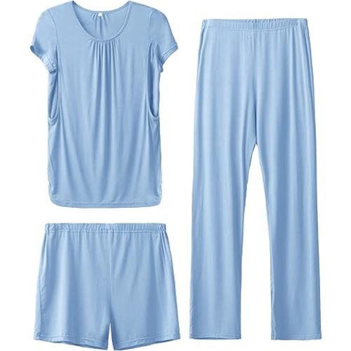 SUNNYBUY Womens Maternity Nursing Pajamas Set, Short Sleeve Breastfeeding Shirts，Pregnancy Shorts & Pants 3 Piece Nursing PJS