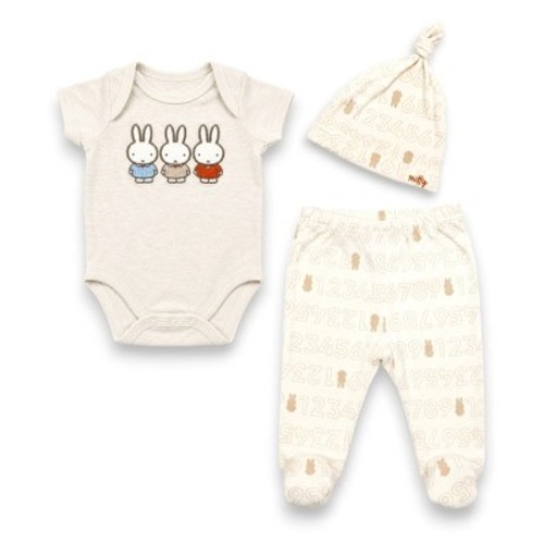 Miffy Baby Boys’ 3-Piece Soft Bodysuit, Footed Pants & Beanie Hat Layette Set, Oatmeal Heather/Numbers, Newborn