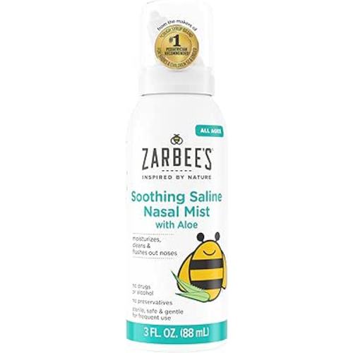 Zarbee’s Soothing Saline Nasal Mist with Aloe, Saline Spray for All Ages Works Quickly to Clear Out & Moisturize Noses, Mist Loosens Mucus & Clears Nasal Passageways, Drug-Free, 3 fl. Oz