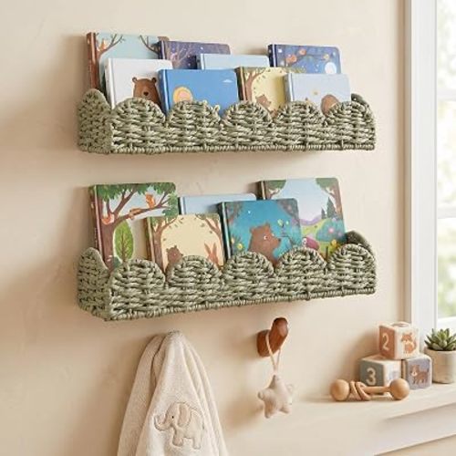 AceOrbit 2 Pcs Floating Bookshelf for Kids Scalloped Handwoven Rattan Floating Nursery Book Shelves Sage Green Boho Nurserywall Mounted Book Shelf for Baby Girls Boys Room Decor