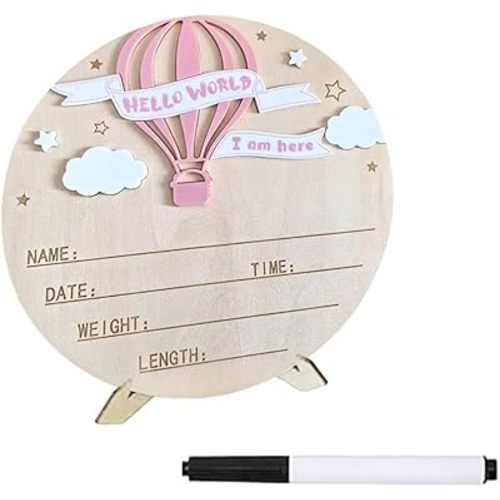 Baby Name Announcement Sign, Hello World Newborn Sign, 5.9in Wooden Welcome Birth Newborn Announcement Sign for Hospital Nursery Shower Photo Props New Baby Boys & Girls (Pink)