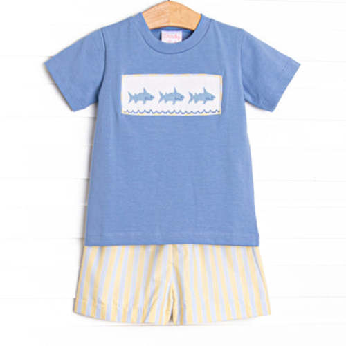 Splashing Sharks Smocked Short Set, Yellow – Stitchy Fish