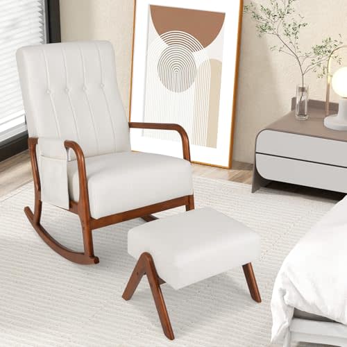 Giantex Rocking Chair with Ottoman, Upholstered Rocker Chair w/Solid Rubber Wood Frame, Side Pocket, Linen Nursery Chair w/Footrest, Tufted Glider Chair for Living Room, Bedroom, Beige