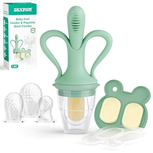 JEXFUN Baby Fruit Feeder & Breastmilk Popsicle Mold Set, Silicone Food Feeder Pacifier for Cooling Relief with 3 Replaceable Pouches, BPA Free Silicone Feeder for Safe Infant Self Feeding (Pea Green)