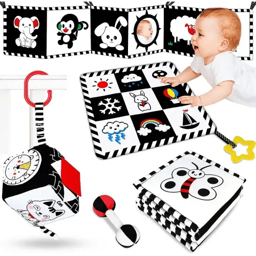 4 Pcs Baby Toys 0-3 Months Black and White High Contrast Newborn Toys - Tummy Time Toys Montessori Toys for Babies 0 3 6 9 Months - Infant Sensory Soft Book Toys for Babies Girls Boys Baby Gifts