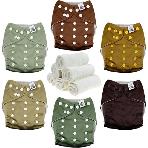Mama Koala 3.0 Cloth Diapers for Babies with AWJ Lining, 6 Pack with 6 Natural Cloth Diaper Inserts - Reusable and Washable Pocket Diapers (Pinetree Cabin)