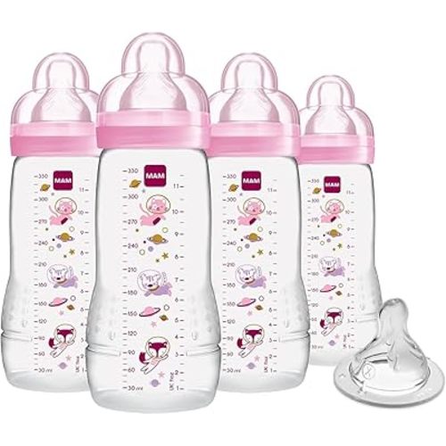 MAM Easy Active Baby Bottle 4 Pack, 11oz, BPA Free, Fast Flow Silicone Nipple, Anti-Slip Grip, Leak-Proof, 4+ Months, Purple Iris