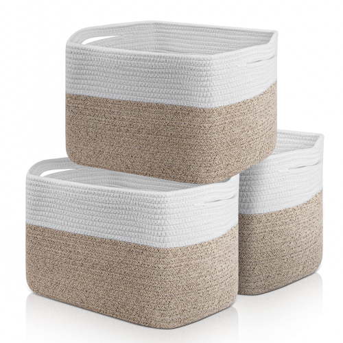 3 Pack Storage Basket, 11''x11''x9'' (18L) Rectangle Woven Baskets for Storage, Cotton Rope Basket for toys, Towel Baskets for Bathroom, Closet Organizer Bins Shelves Organizer, Decorative Basket