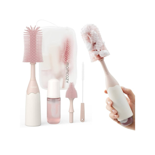 Momcozy Bottle Brush Kit, Innovative Push-Press Design for Better Cleaning - Baby Bottle Cleaner Brush for Baby Bottle, Breast Pumps, Nipples, and More - Can Generate Foam for Better Cleaning, Pink