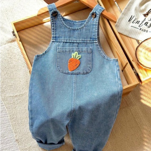 Vintaside Kids Baby Girl Light Blue Summer Sleeveless Carrot Embroidered Washed Denim Jumpsuit | SHEIN USA