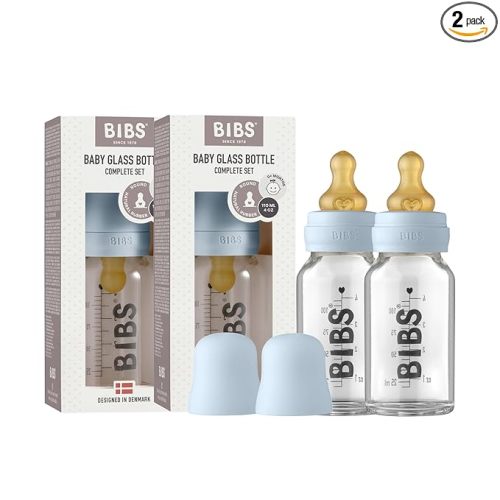 Bibs Baby Glass Bottle | Newborn Anti-Colic Baby Bottles | Borosilicate Glass with a Natural Vented Round Natural Rubber Latex Nipple | Consistent Flow Rate | 3.7 oz/110 ml | 2 Pack | Baby Blue