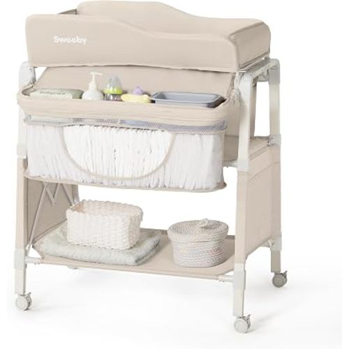 Sweeby Portable Baby Changing Table, Foldable Diaper Changing Station with Waterproof Pad, Mobile Nursery Organizer for Infant & Newborn Essentials, Beige, Gen 2
