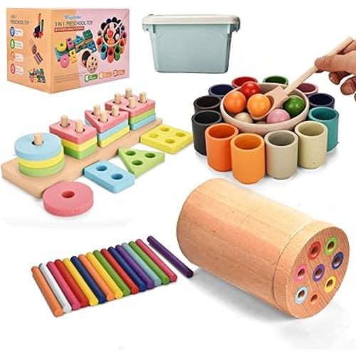 Jouets Montessori pour 1-3 ans, 3 en 1 Jouets d'apprentissage en bois pour développer les compétences motrices fines - Jouet de tri de couleur arc-en-ciel pour tout-petits - Apprentissage préscolaire