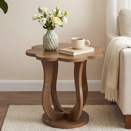 LITTLE TREE Side Table, Flower End Table, Wood Nightstand, Rustic Brown | Modern Farmhouse Small Sofa Side Table with Artistic Leg, Flower-Shaped Wood Plant Stand for Living Room, Bedroom