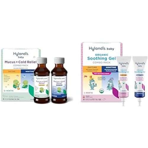 Hyland's Baby Mucus and Cold Relief, Day and Night Value Pack, Baby Cold Medicine, 8 Fl Oz + Organic Day and Night Soothing Gel Combo Pack for Oral Discomfort, Ages 2 Months and Up, 1.06 Ounce
