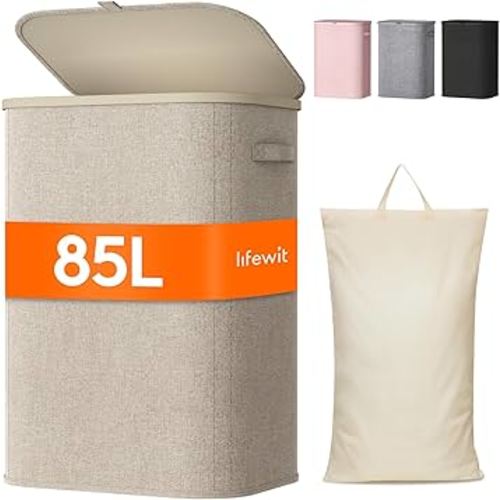 Lifewit 85L Laundry Basket with Lid, Large Laundry Hamper with Plastic Handles and Removable Bag, Foldable Tall Dirty Clothes Hampers for Laundry for Laundry Room, Bedroom, Bathroom, Dorm, Beige
