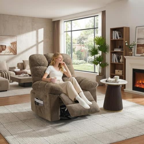 GarveeHome Rocker Recliner Chair with Vibration Massage and Heat, 360° Swivel Recliner Sofa with Side Pocket, Single Reclining Chair for Living Room and Bedroom, Brown