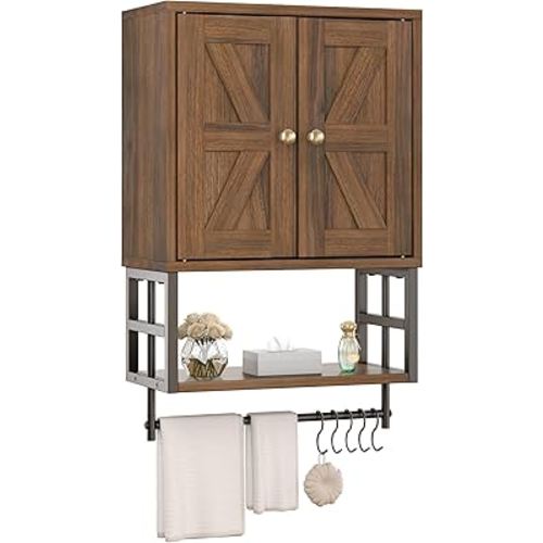 Farmhouse Medicine Cabinet - 3-Tier Wall Mounted Storage Organizer with Adjustable Shelves, Towel Bar, 5 Hooksfor Small Bathroom, Laundry Room, Over Toilet, Living Room, Bedroom (Walnut)