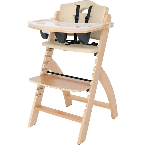 Abiie Beyond Junior Wooden High Chair with Tray - Adjustable and Convertible High Chair for Babies and Toddlers - 6 Months to 250 Lb - Water Resistant - Natural Wood with Beige Cushion