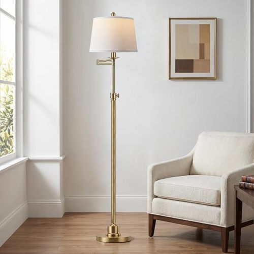 Vintage Floor Lamp for living room, Brushed Antique Brass Farmhouse Standing Lamp with 350° Swivel Swing Arm, 56.6''-66'' Mid Century Modern Height Adjustable Tall Lamp for Bedroom