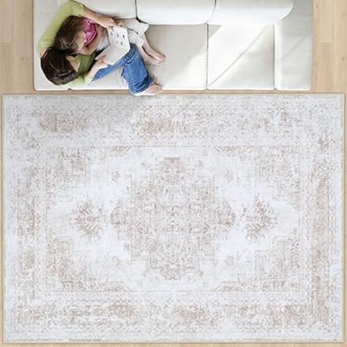 Area Rug 8x10 Living Room Rug, Machine Washable Vintage Distressed Medallion Rug Non-Slip Soft Low Pile Large Indoor Rugs for Bedroom Kitchen Dining Room Office(Beige,8'x10')