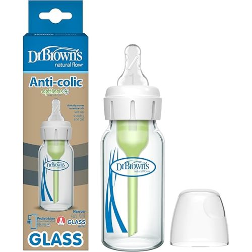Dr. Brown's Anti-Colic Options+ Narrow Glass Baby Bottle with Level 1 Slow Flow Nipple, BPA-Free, 4 oz/120mL, 1-Pack