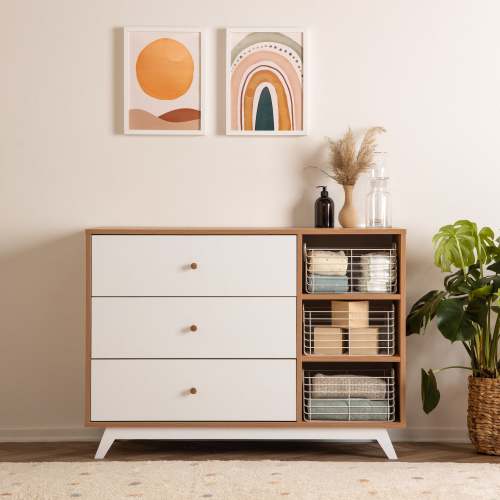 Central Park 3-Drawer, Two Shelf Nursery Dresser (White + Red Oak)