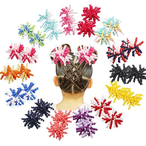 30pcs Fireworks Hair Bows for Girls Toddler Hair Clips Bright Color Curly Korker Bow Baby Barrettes Grosgrain Ribbon Hair Bows Hair Accessories for Girls Toddlers Kids Children in Pairs