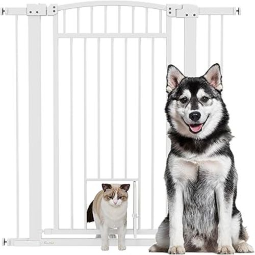PawHut 30"-41" Extra Wide Pet Gate with Small Door, 42" H Dog Gate with 3-Inch & 5.5-Inch Extension Kit, Pressure or Hardware Mount for Hallway, Stairway, Doorway