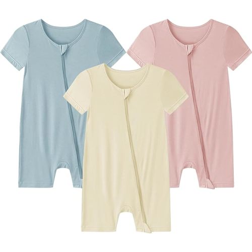 Baby Romper 3 Pack Bamboo Rayon Footless Short Sleeve Zipper Romper