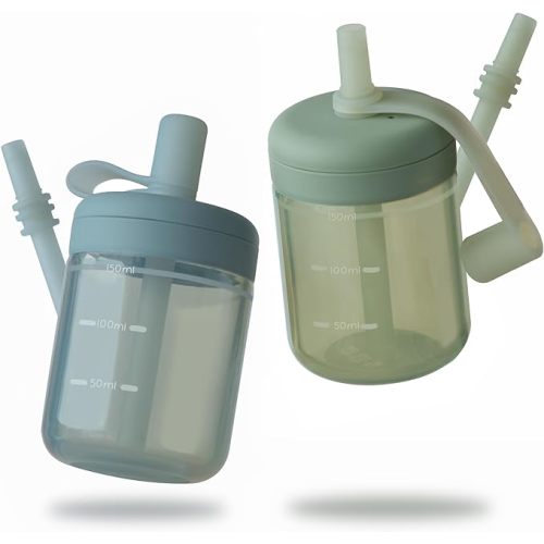 Moonkie Drinking Cup, Drinking Bottle with Straw, Silicone Drinking Cup for Baby and Children, Straw Cup with Lid, Leak-Proof, BPA-Free, Baby Cup from 6 Months, 5 oz (Grey Green/Ether)