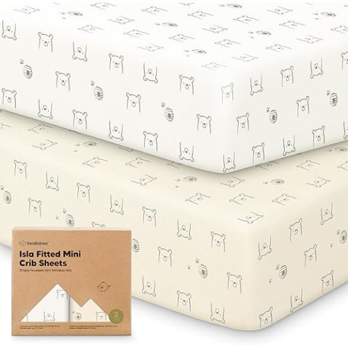 Pack and Play Sheets Fitted - 2-Pack Mini Crib Sheets for Pack N Play Mattress, Soft & Cozy, Neutral Toddler Playard Bedding, Snug Fitted Mini Baby Crib Mattress Cover Set for Boys, Girls(Bumble Bear)