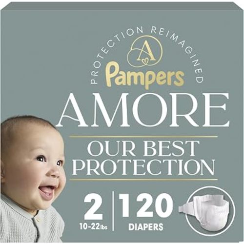 Pampers Amore, Size 2 (10-22 lbs), 120 Count, Our Best Diaper – Hypoallergenic & Fragrance Free, Up to 100% Leakproof, Soft as Cashmere (Packaging May Vary)