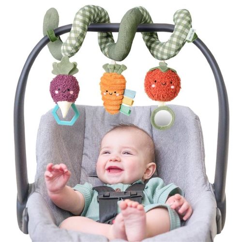 Itzy Ritzy Spiral Car Seat & Stroller Activity Toy - Stroller & Car Seat Toys for Ages 0 Months and Up - Hanging Toys Include Dangling Ring, Mirror and Textured Ribbons (Veggie)