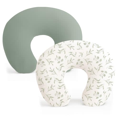 Konssy 2 Pack Nursing Pillow Covers, Stretchy and Soft Nursing Cover for Breastfeeding Pillows, Pillow Slipcover for Baby Girls Boys Newborn (Green, Green Leaves)
