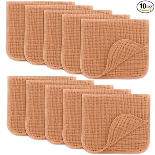Comfy Cubs Muslin Burp Cloths 20" x 10", Pack of 10 - Large, 6-Layer, Ultra Absorbent 100% Cotton for Baby Drool and Messes - Soft, Safe & Gentle Baby Burp Cloths for Boys & Girls - Caramel
