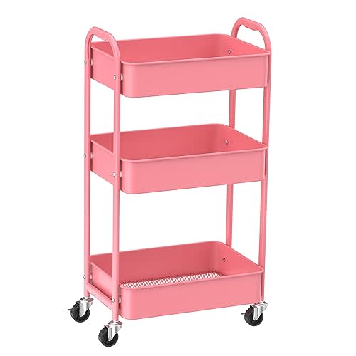 MAX Houser 3-Tier Rolling Utility Cart with Caster Wheels,Easy Assembly, for Kitchen, Bathroom (Pink) | Easy Assembly, multi-purpose storage trolley for kitchen, rolling cart with smooth caster wheels for bathroom