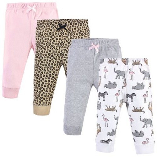 Hudson Baby Infant and Toddler Girl Cotton Pants 4pk, Modern Pink Safari, 3-6 Months