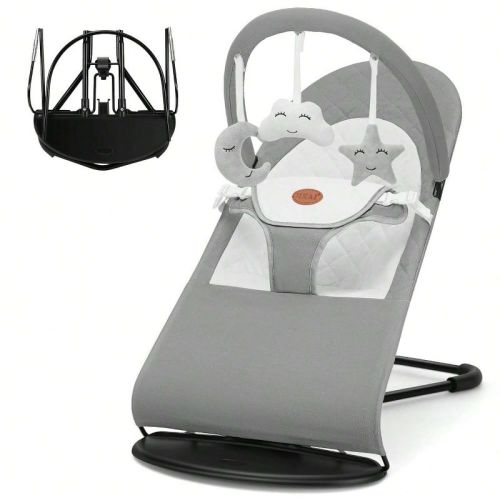 HKAI Baby Rocker Chair with 3 Modes, Rocker and Stationary Options, Infant Chair with Hanging Toys, Baby Bouncer, Light Grey