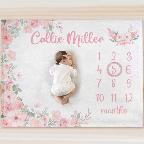 Personalized Pink Floral Milestone Blanket with Custom Name Soft Growth Recording Mat Cute Photo Prop Baby Shower Newborn Gift for Baby Girl