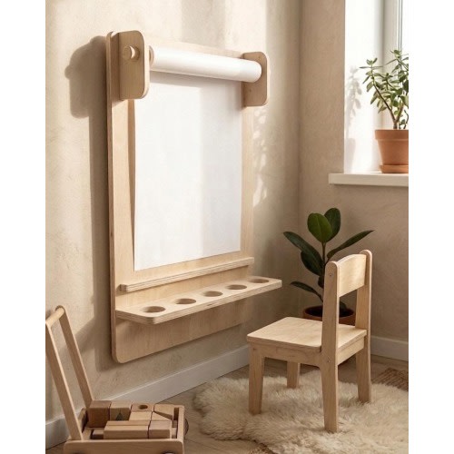 Montessori Wall Art Easel with Paper Roll | Kids Drawing Station  | Birchwood | Waldorf Toddler Art Center | Children's Gift