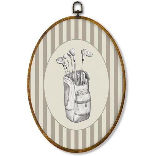 shiviody Vintage Sketch Golf Bag Nursery Canvas Wall Art Decor, Neutral Striped Nursery Decor, Sports Themed Oval Hanging Frame Prints Decorations for Home Kids Toddler Room Bedroom Playroom 8.6"x11.4"