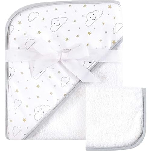 Hudson Baby Unisex Baby Cotton Hooded Towel and Washcloth, Gray Clouds, One Size