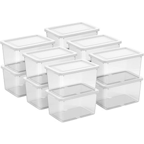 Sterilite 12 Pack Storage Boxes, Clear Plastic Stackable Containers, Lightweight Home Organizers with Snap Lids, 20 Quart, White