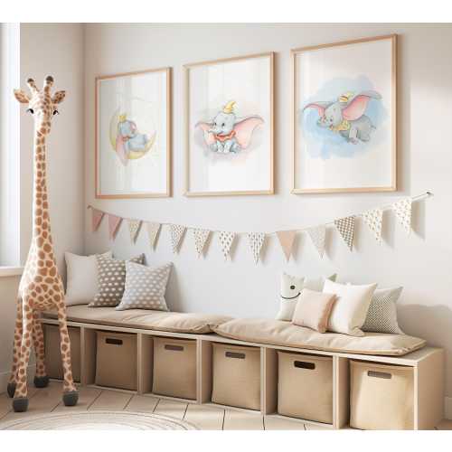 Dumbo Nursery Wall Art Set of 3, Printable Baby Room Decor, Elephant Prints, Kids Room Art, Baby Shower Gift (Digital Download)