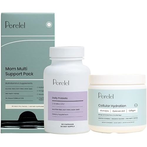 Perelel Postpartum Care Bundle, Mom Multi Support Pack & Hydration Powder & Daily Probiotic, 30 Daily Pill Packs & 28 Servings of Hydration Powder & 60 Capsules