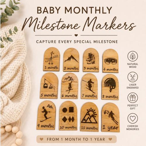 Ski Themed Baby Milestone Markers: Engraved Wooden Photo Props