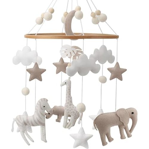 Safari Mobile for Crib - A Neutral Handmade White Jungle Crib Mobile with Safari Animals Clouds and Stars for a Neutral Nursery