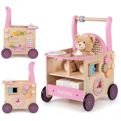 OLAKIDS Wooden Baby Walker, Activity Center Push Walking Toy with Wheels, Montessori Rattan Doll Stroller for Babies Boys Girls 12-36 Months
