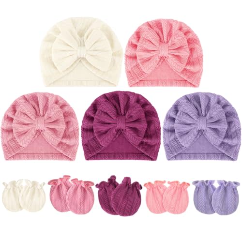BQUBO Baby Turban Hats and Mittens Set Newborn Infant Hospital Hats Caps with Bows for Baby Boys Girls 0-12 Months